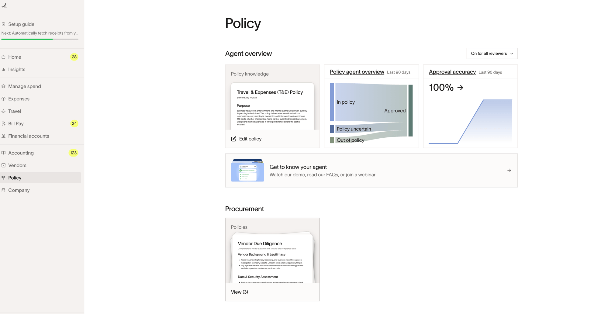 Policy page showing sidebar navigation with Policy selected, Agent overview section with policy knowledge and metrics, and Procurement section with policy cards below