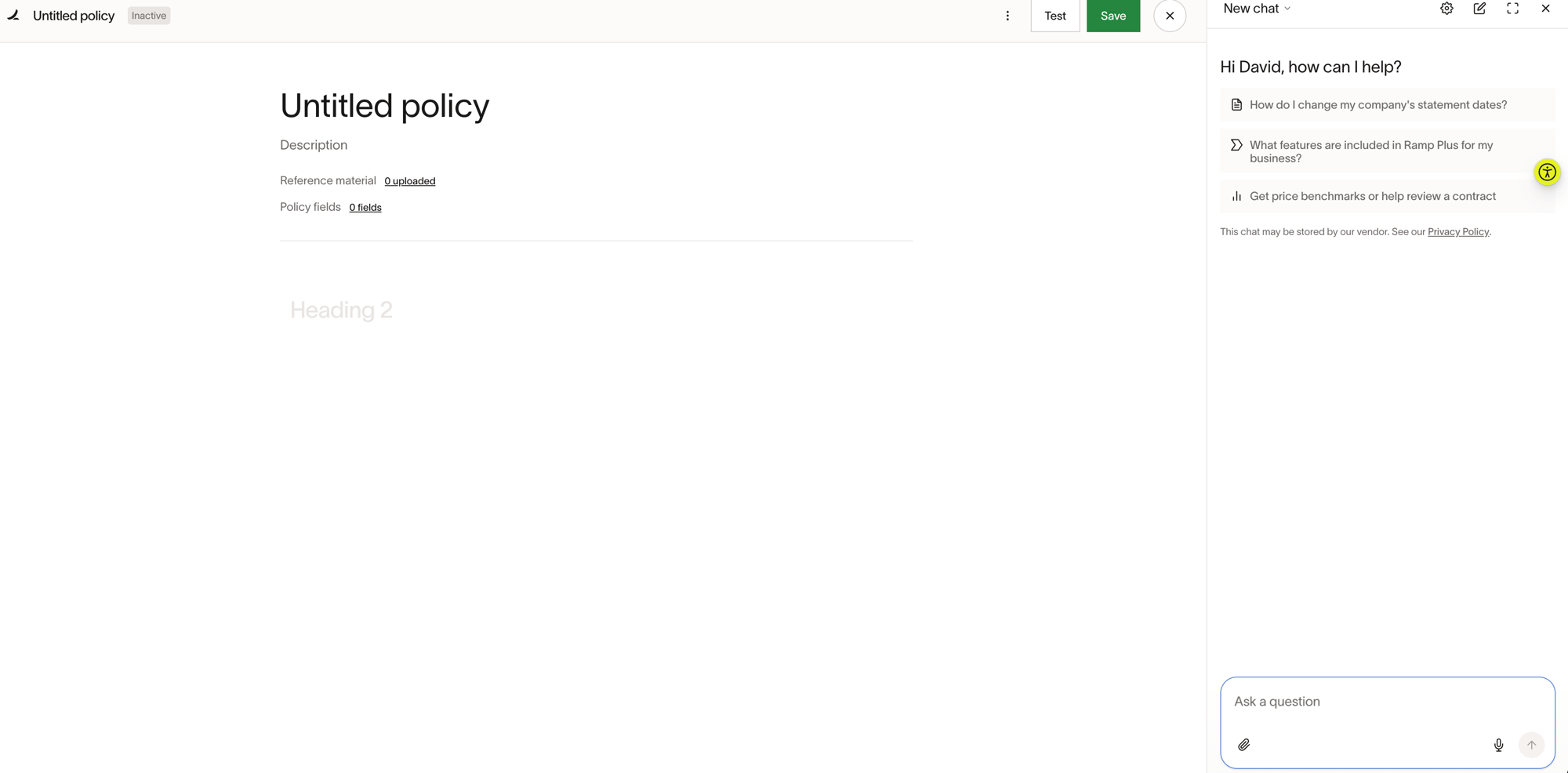 New policy editor showing Untitled policy with Description field, Reference material, Policy fields, and Ask Ramp chat panel on the right