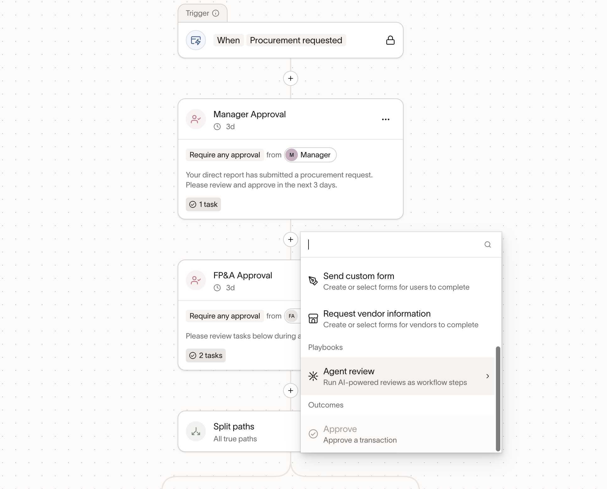Workflow editor showing the plus menu with Agent review option under Playbooks category for adding AI-powered review steps
