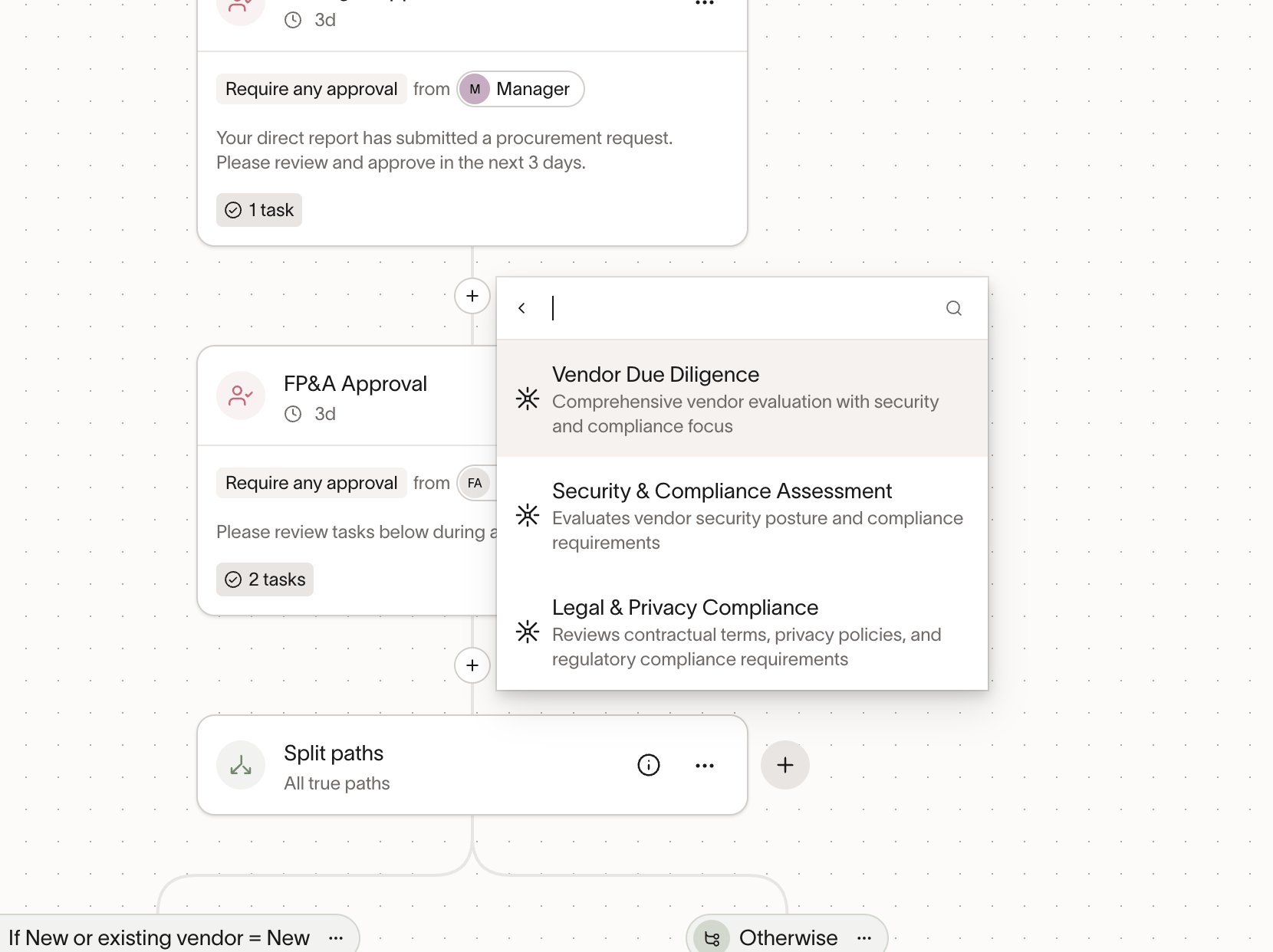 Policy selection submenu in workflow editor listing Vendor Due Diligence, Security and Compliance Assessment, and Legal and Privacy Compliance policies
