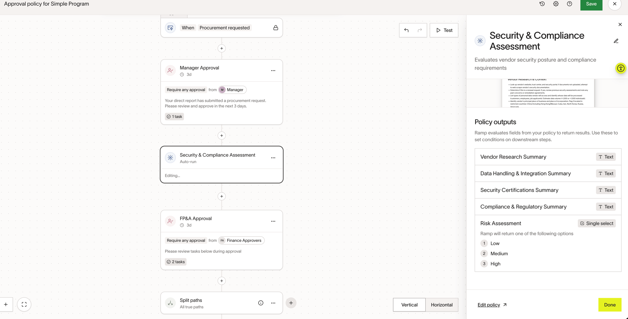 Workflow with Security and Compliance Assessment step showing Policy outputs panel with text fields for summaries and Risk Assessment single select with Low Medium and High options