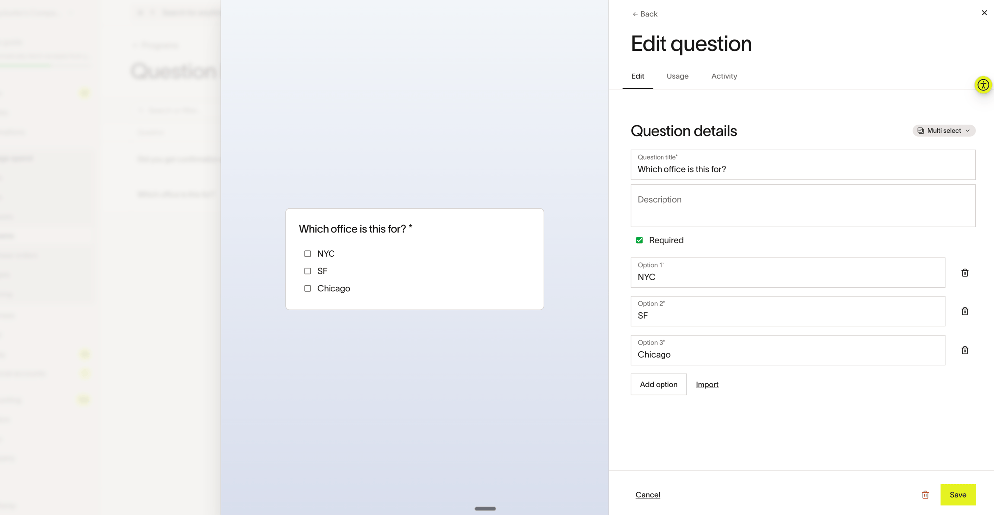 Edit question drawer showing Edit, Usage, and Activity tabs with a live preview of a multiple select question