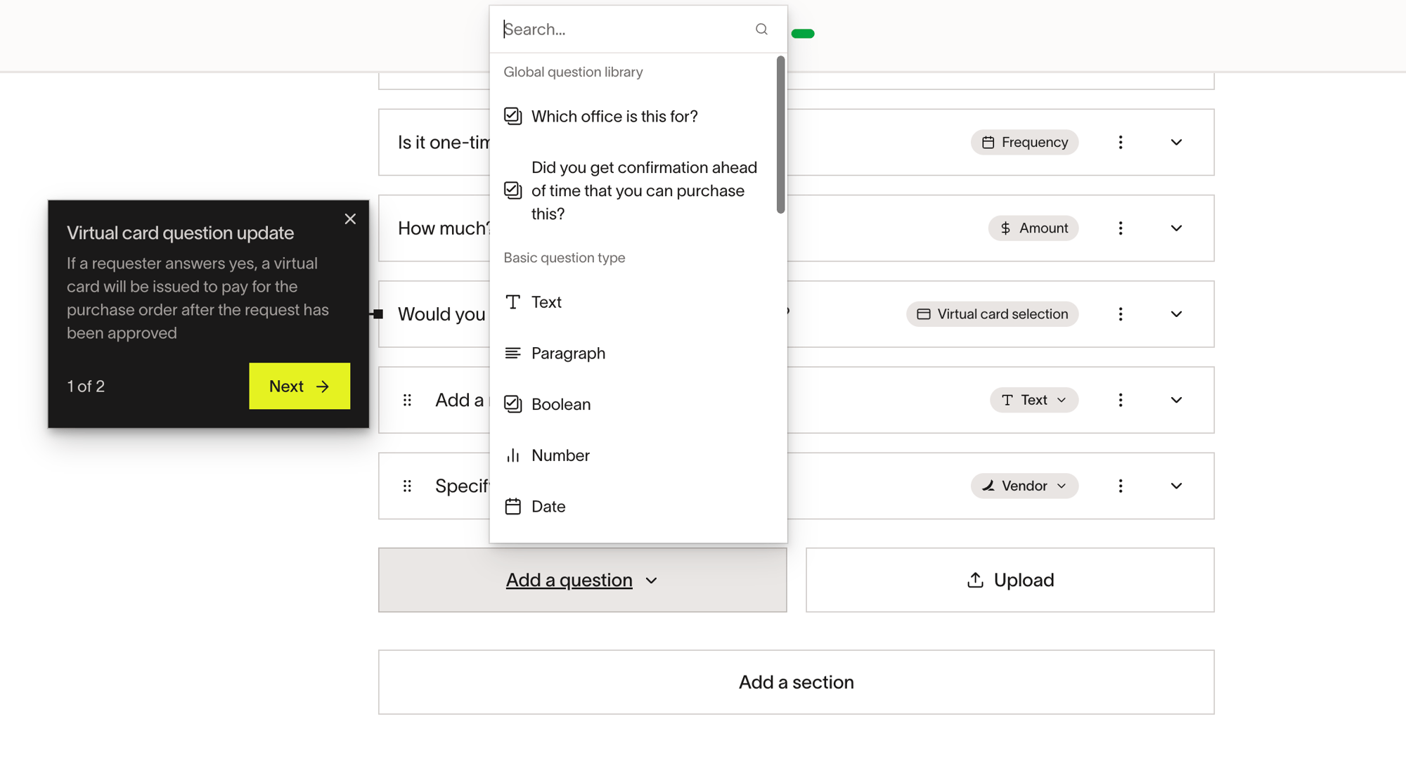 Add question menu showing the Global question library section above the basic question types