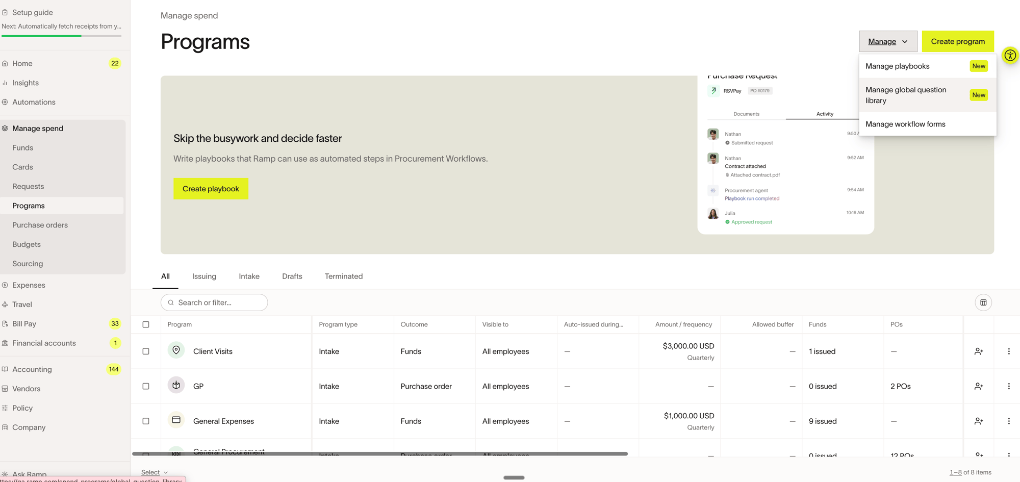 Programs page with the Manage menu open and Manage global question library highlighted