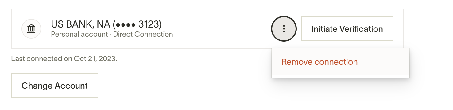 Shows the bank account section with options to initiate verification or remove connection, highlighting the