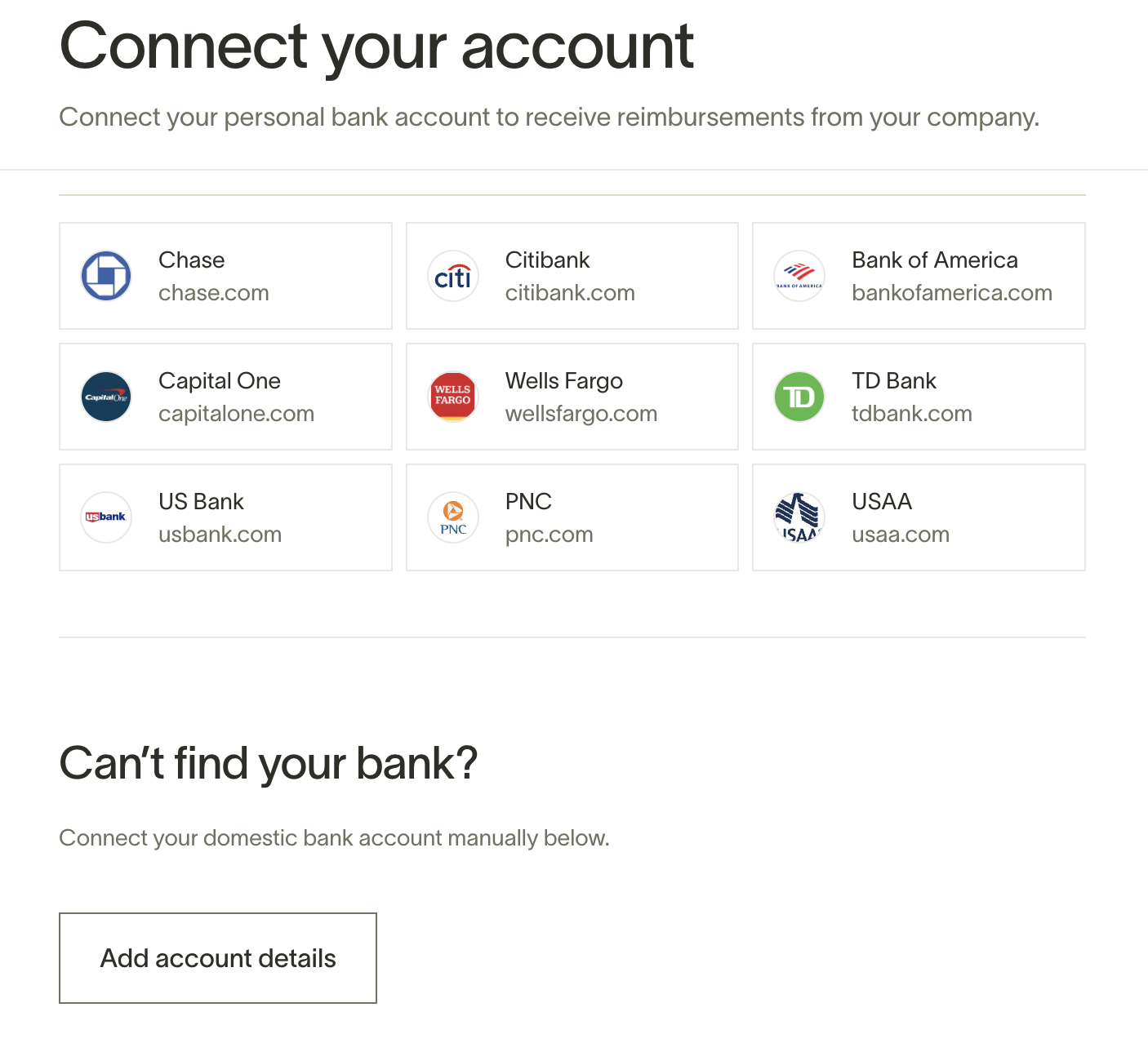 Connect your bank account page showing options for various banks and an option to manually add account details.