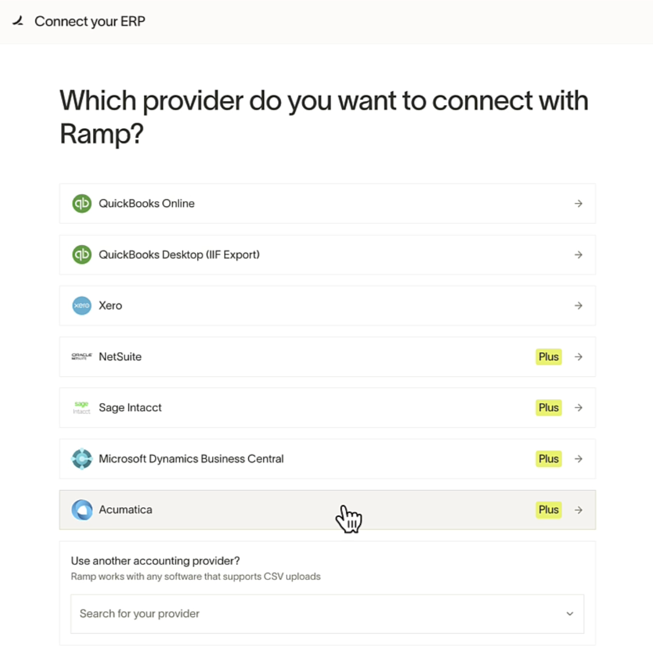 Ramp ERP provider selection with Acumatica highlighted