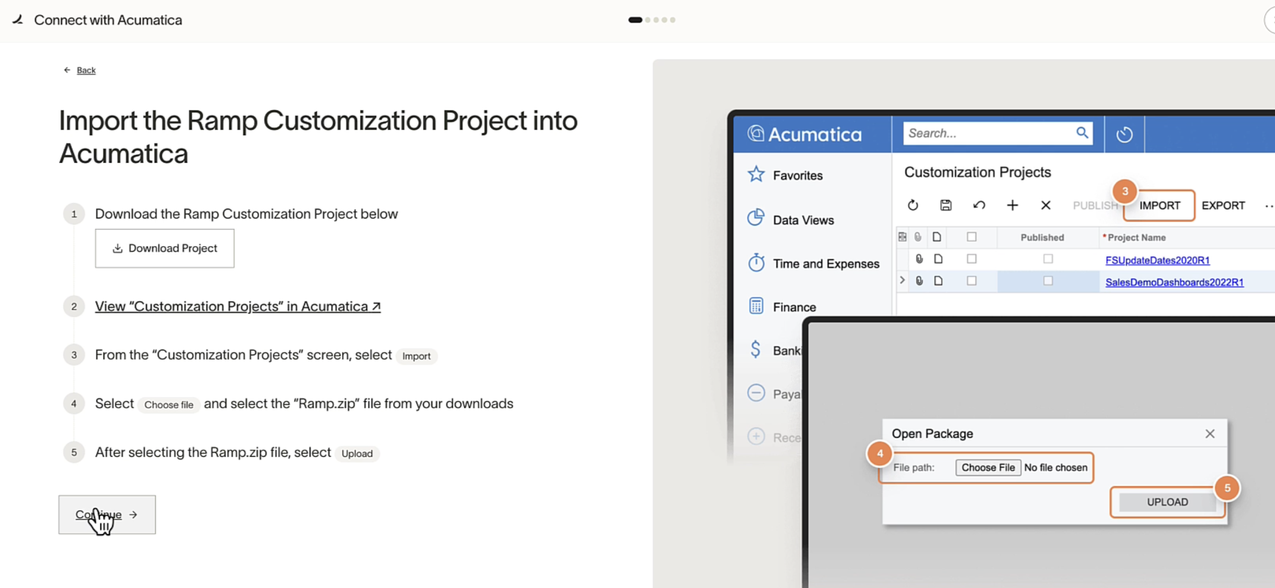 Ramp setup step to import Ramp Customization Project into Acumatica