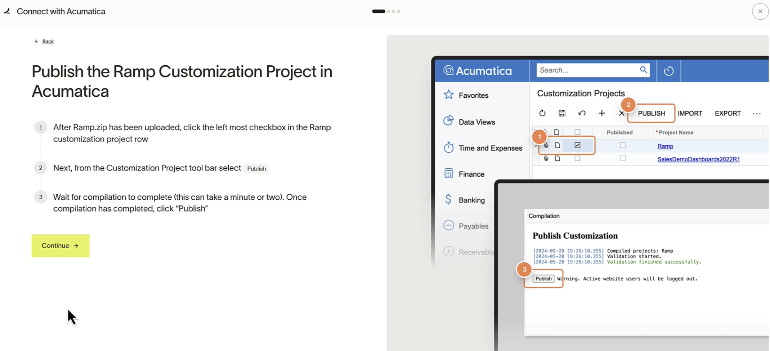 Ramp setup step to publish the Ramp Customization Project in Acumatica