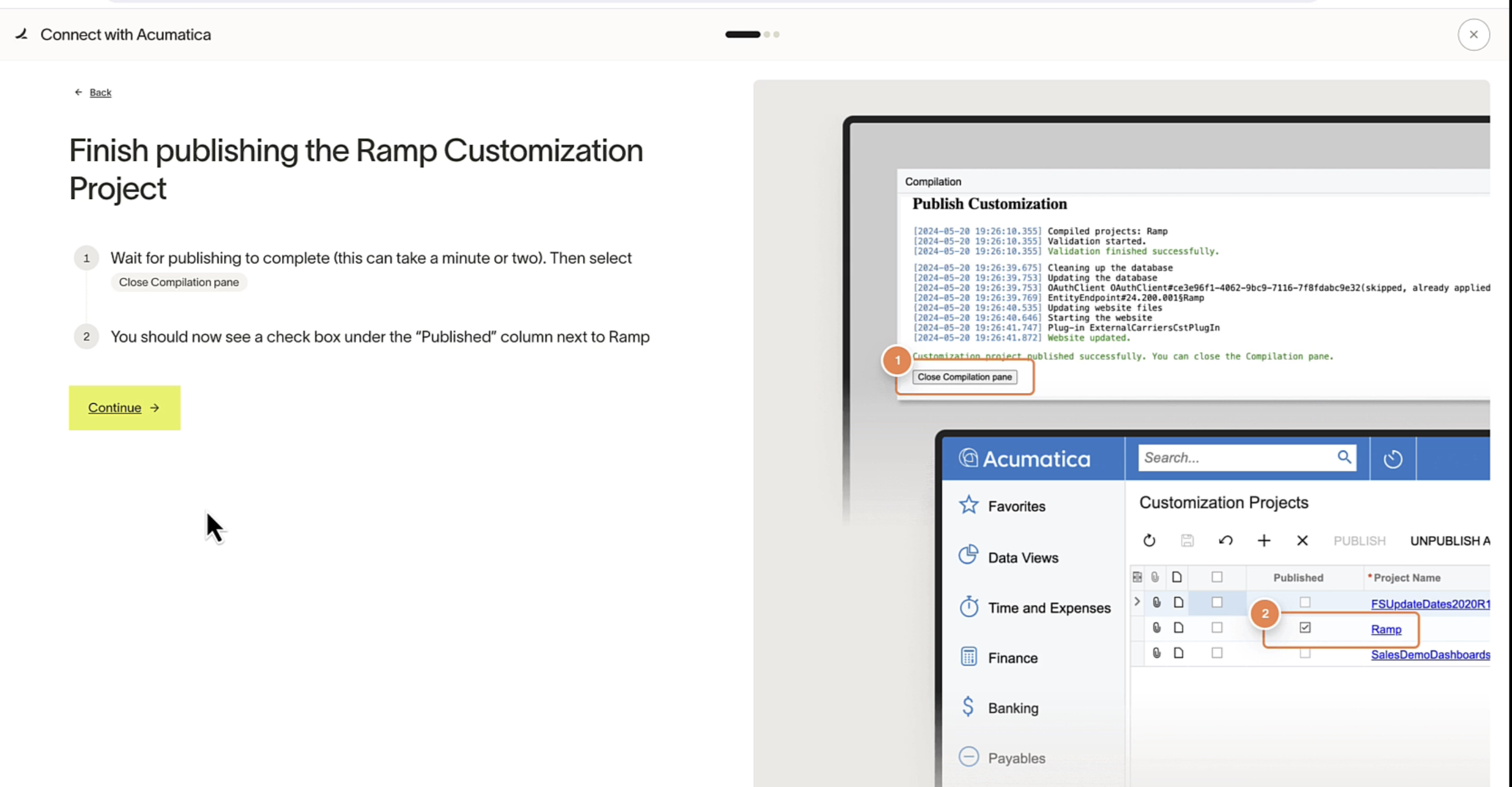 Ramp setup step showing customization project published in Acumatica