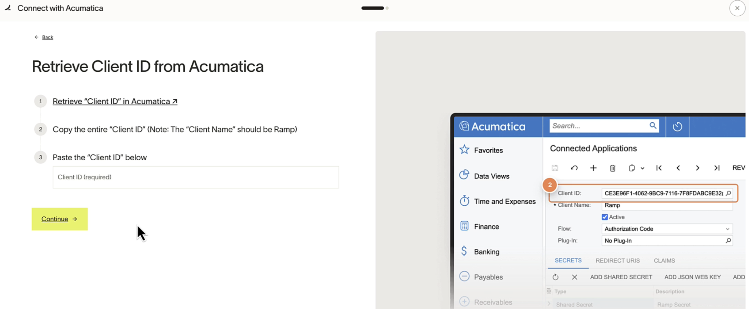 Ramp setup step to retrieve and paste the Client ID from Acumatica