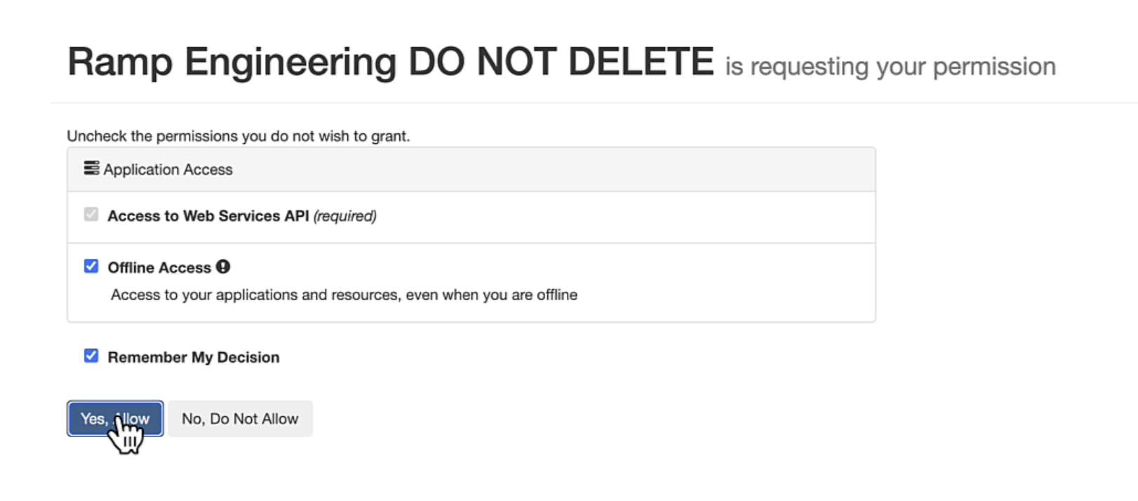 Acumatica permissions dialog with Offline Access selected and Yes Allow button