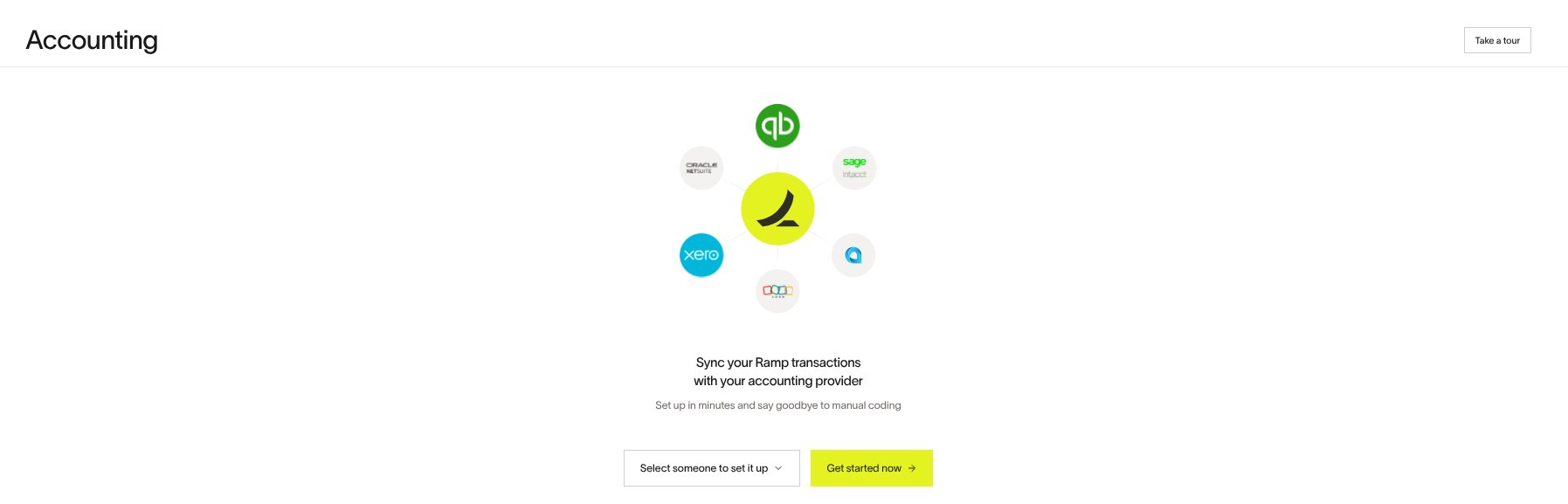 Ramp Accounting connection setup page with provider graphic and setup actions
