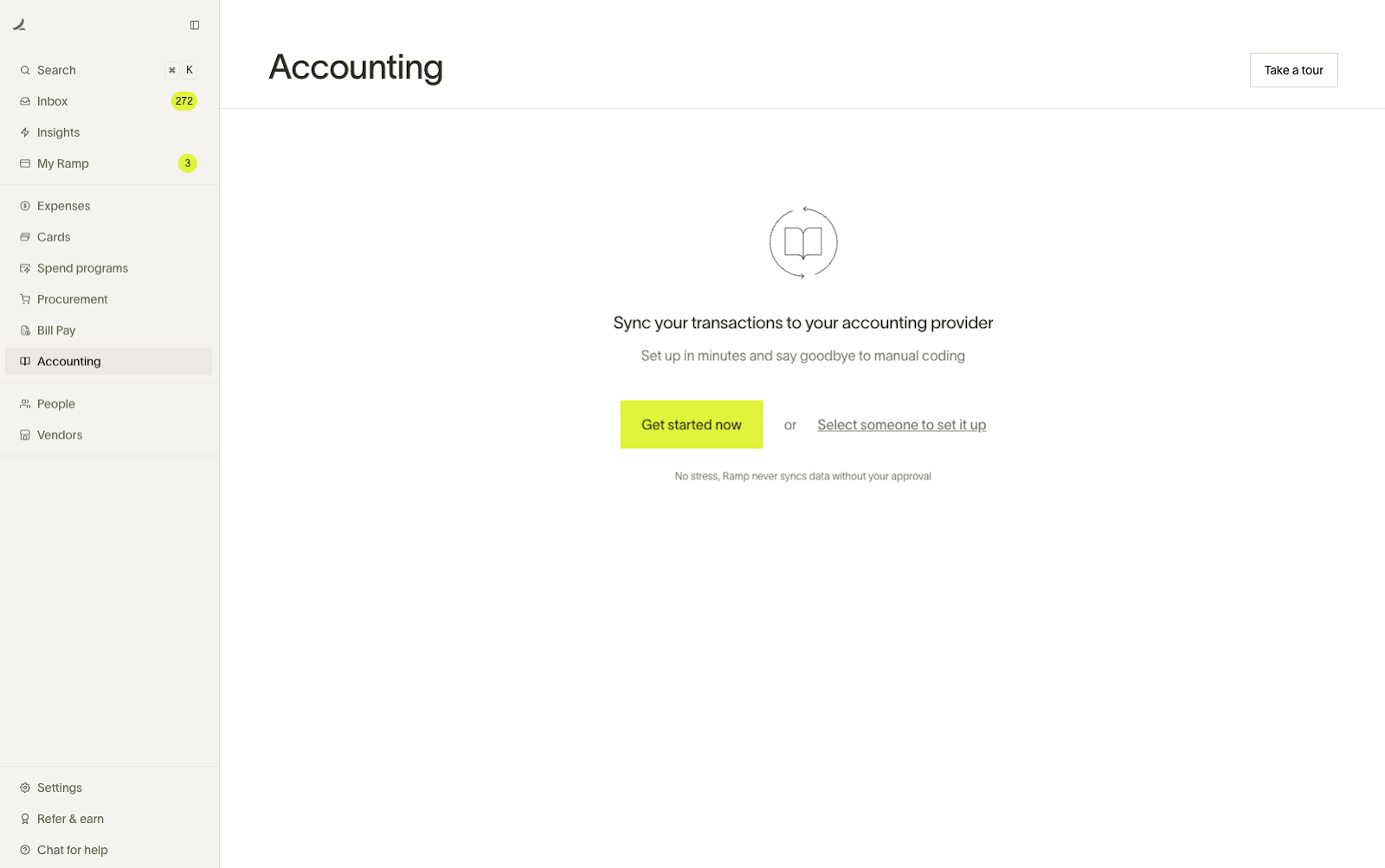 Accounting page with options to sync transactions to the accounting provider and links to get started or set it up.