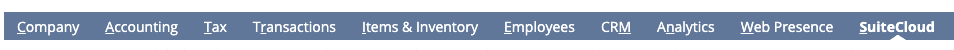 Navigation menu showing sections for Company, Accounting, Tax, Transactions, Items & Inventory, Employees, CRM, Analytics,...