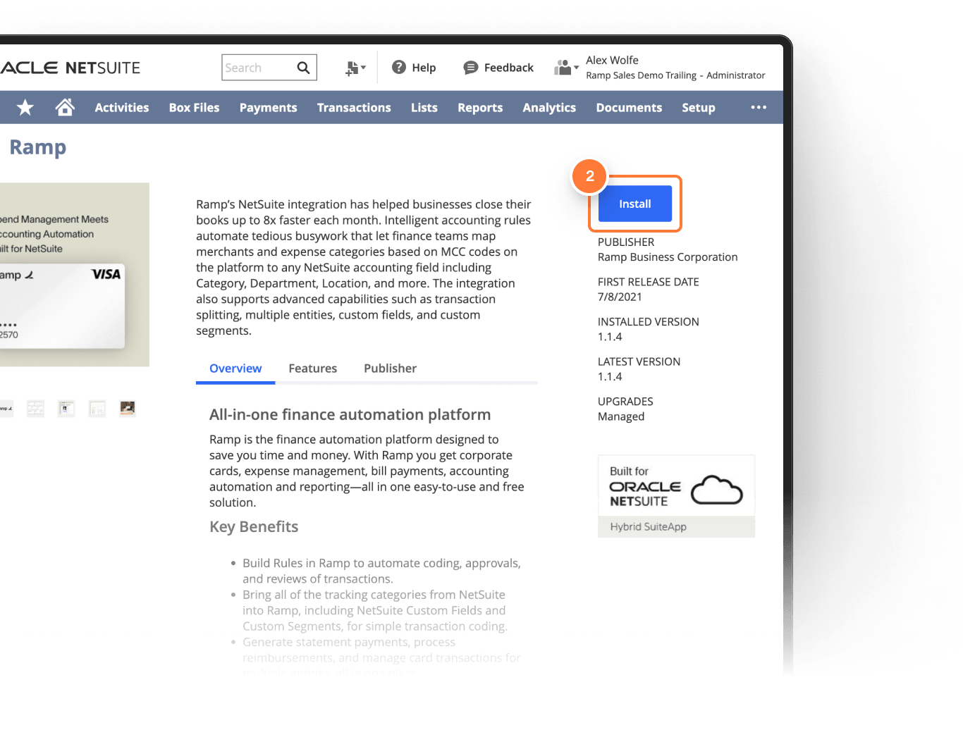 Overview page of the Ramp app in NetSuite, highlighting the Install button for setup.