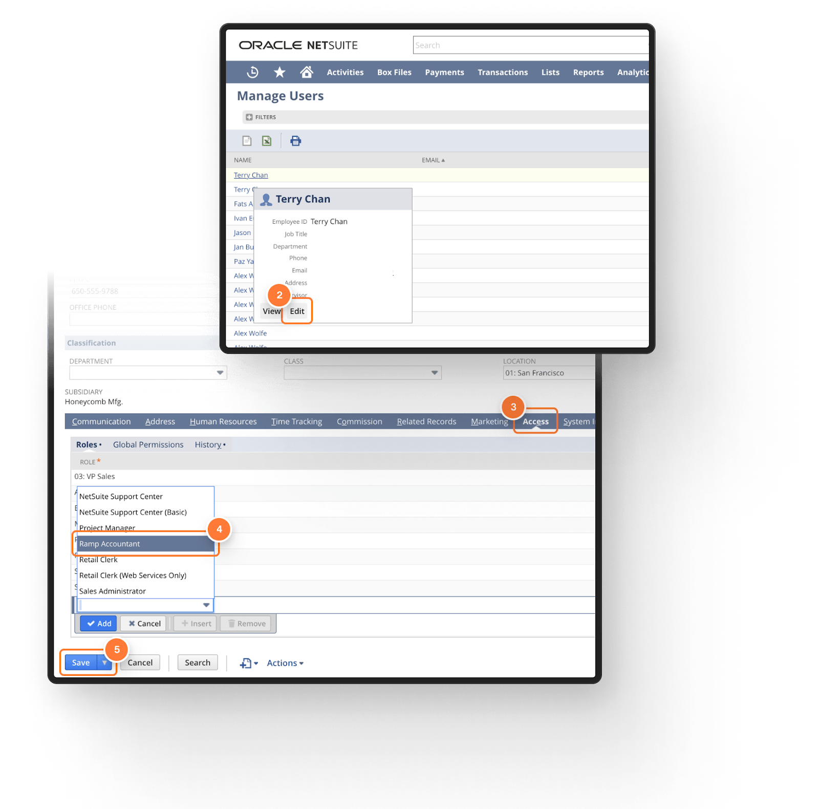 Manage Users section showing user details and role assignments for an administrator. Save option highlighted.