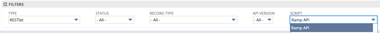 Filters section on a UI showing options for Type, Status, Record Type, API Version, and a dropdown for Script selection.