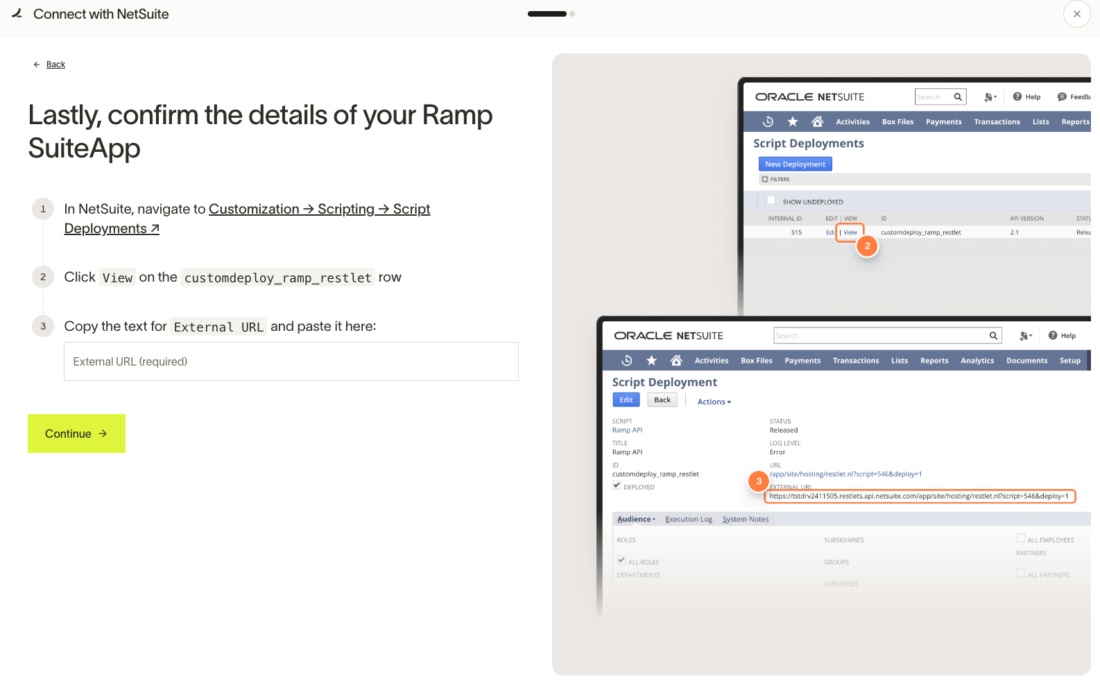 Instructions for confirming Ramp SuiteApp details, including navigation to Script Deployments in NetSuite.