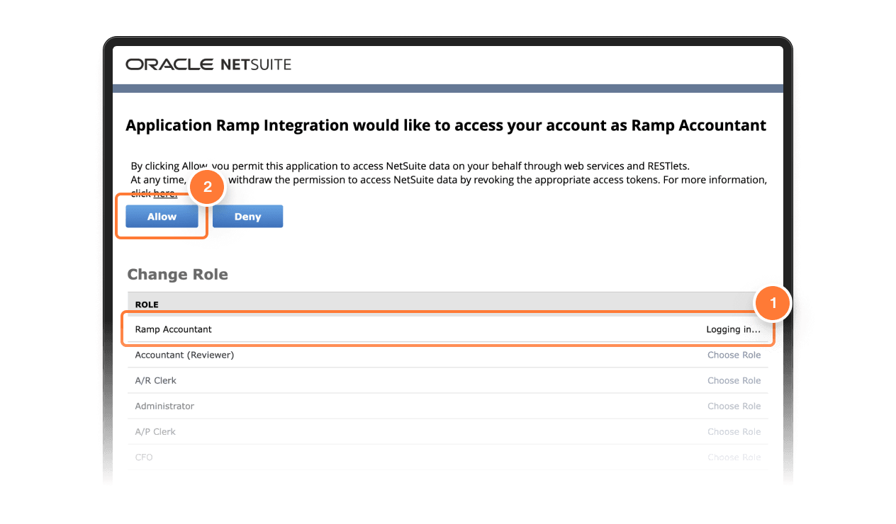 Permission request page for Ramp Accountant integration with options to Allow or Deny access. Role list displayed below.