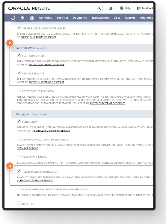 SuiteCloud tab showing enabled features for SuiteTalk (SOAP/REST) and Token Based Authentication checkboxes.