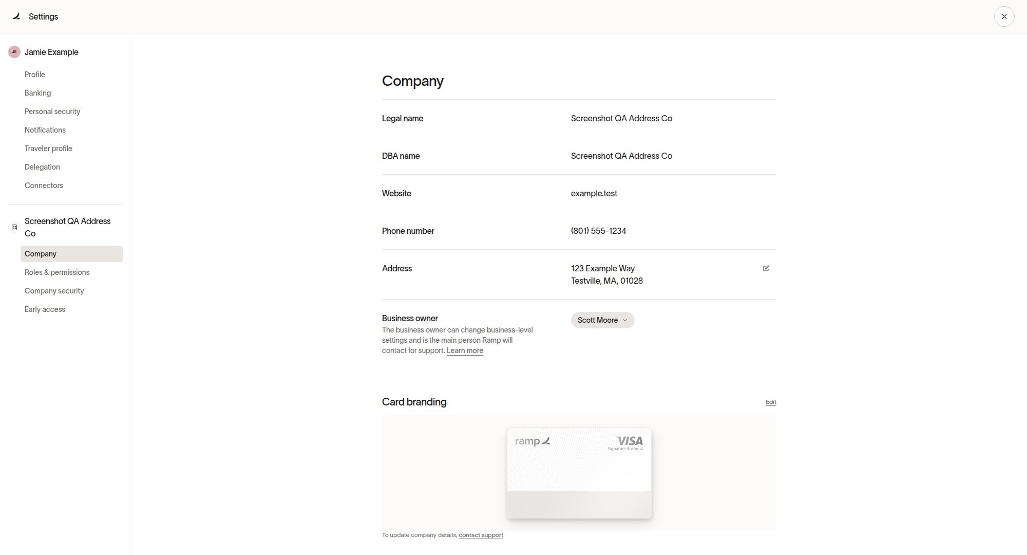 Company settings page showing the Address row and Edit action