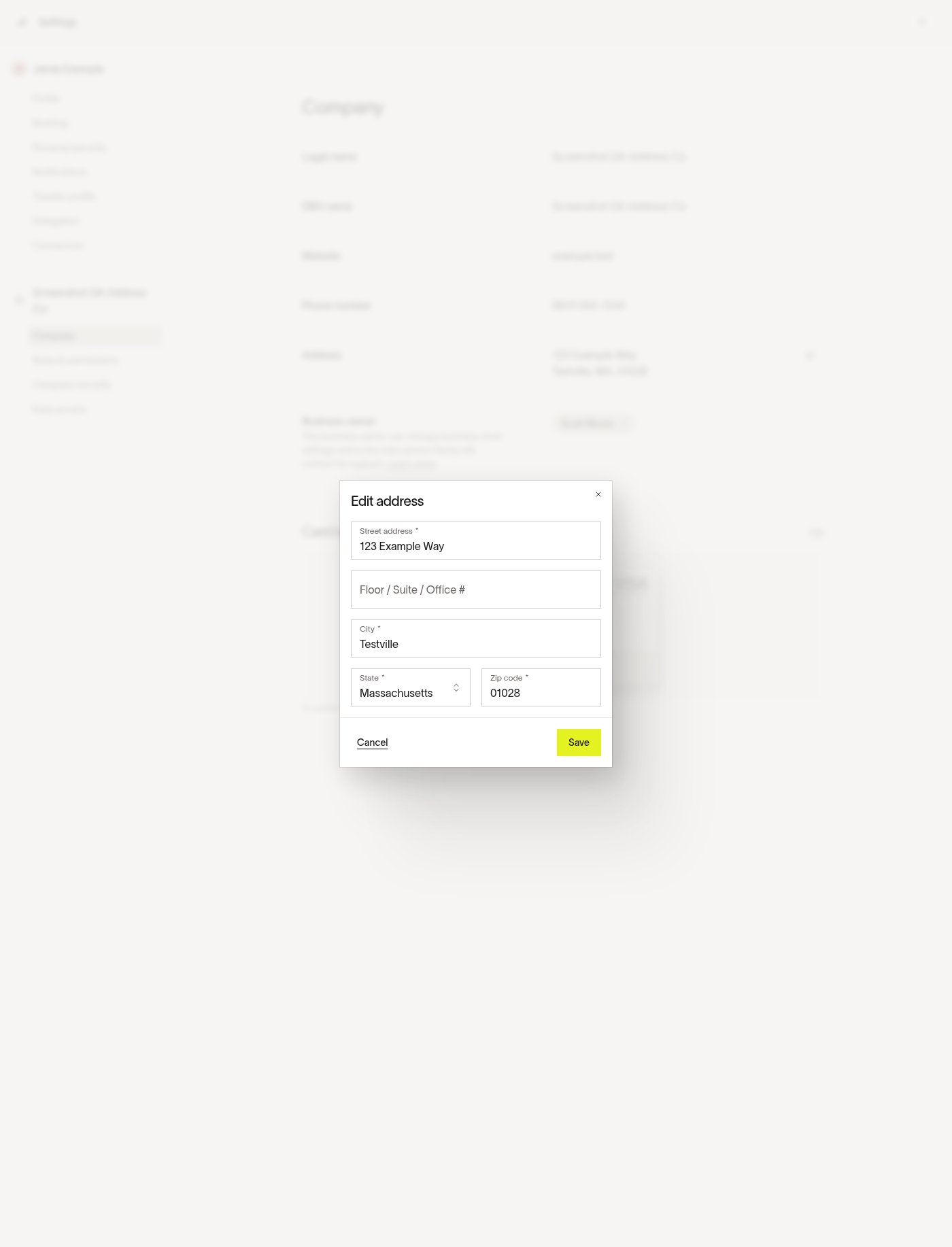 Edit address window with address fields and Save button