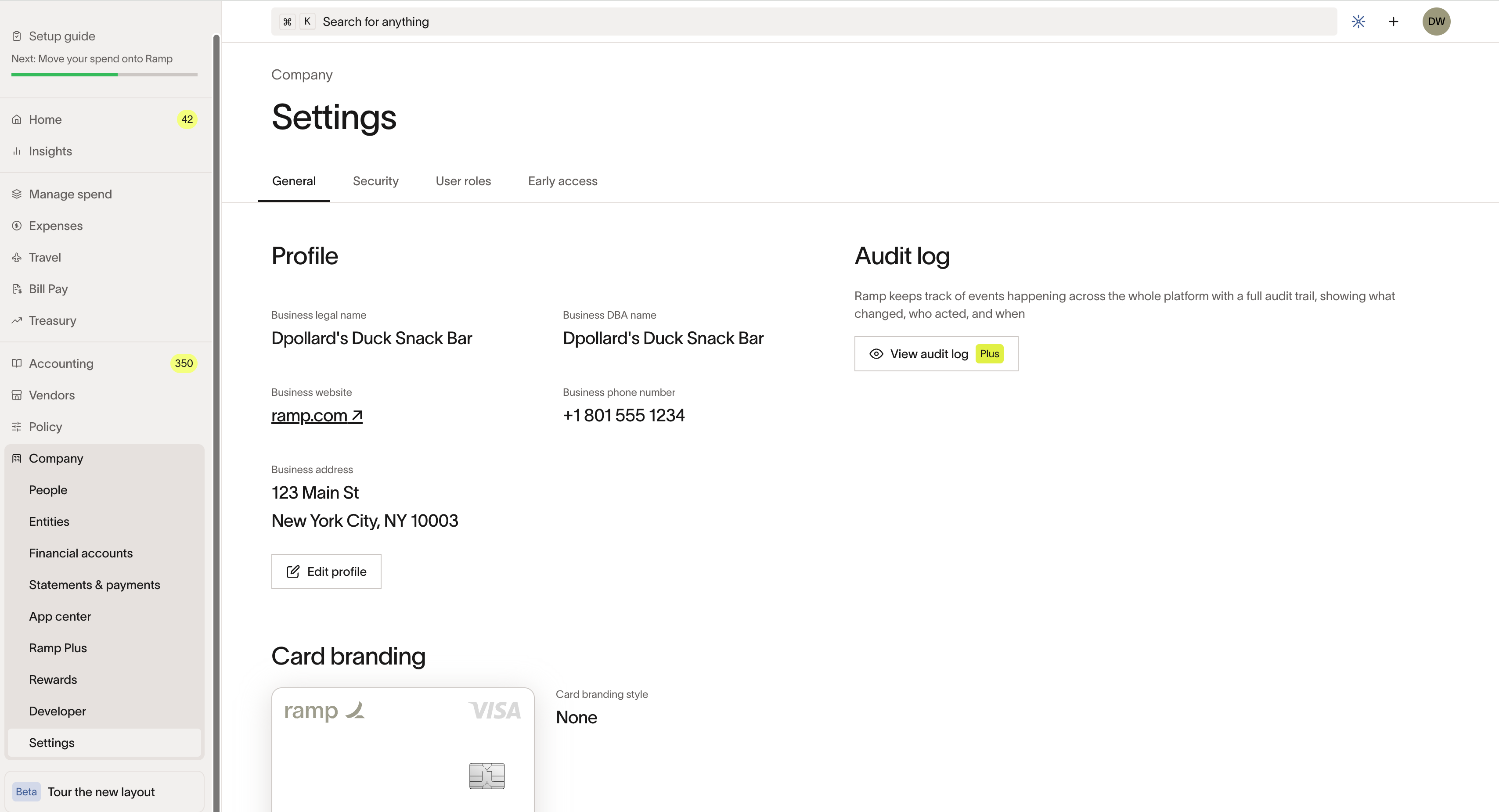 Company Settings page showing Profile section with business address and Edit profile button