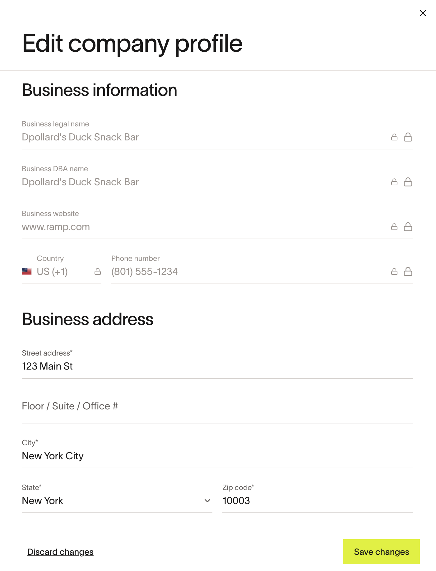 Edit company profile panel with business address fields and Save changes button