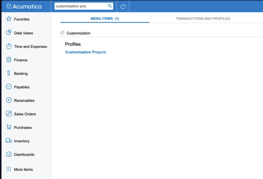 Acumatica search results showing Customization Projects menu item