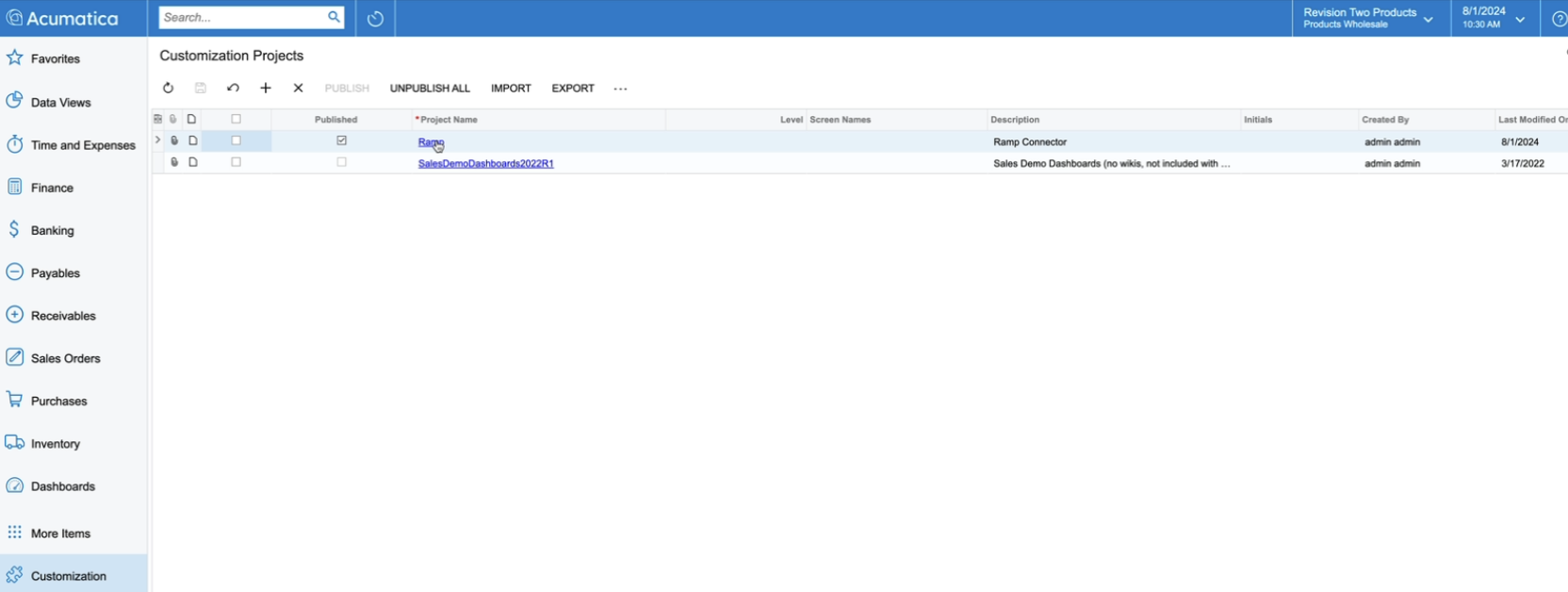 Acumatica Customization Projects list with the published Ramp project
