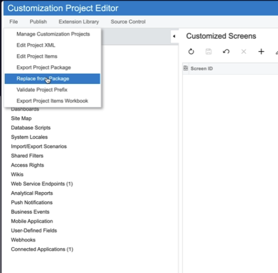 Acumatica Customization Project Editor with File menu and Replace from Package selected
