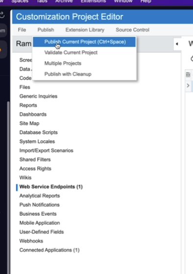 Acumatica Customization Project Editor Publish menu with Publish Current Project selected
