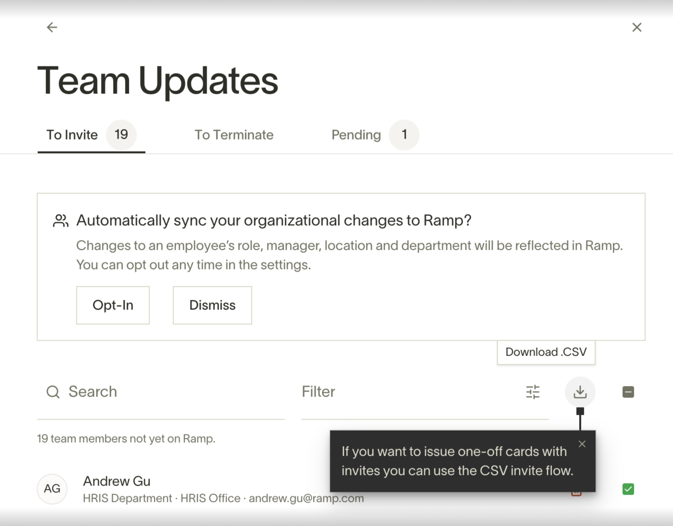 Team Updates panel with auto-sync opt-in banner and CSV download option