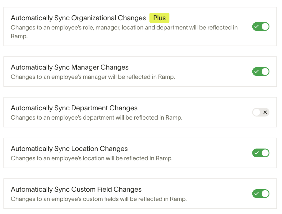 Settings for syncing organizational changes with options for Manager, Department, Location, and Custom Field Changes.