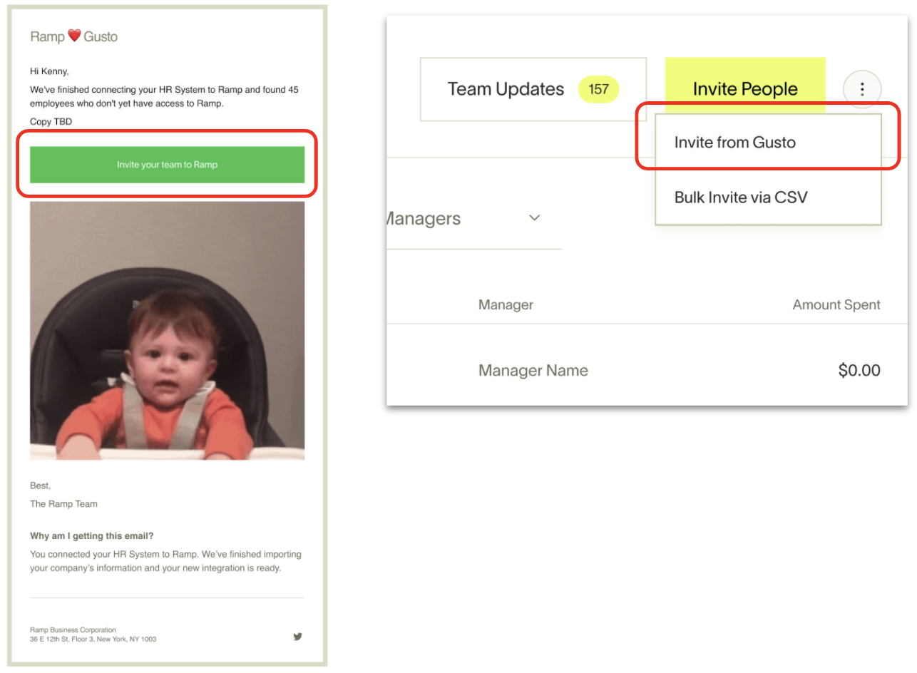 HRIS connection confirmation email and Ramp Invite People menu