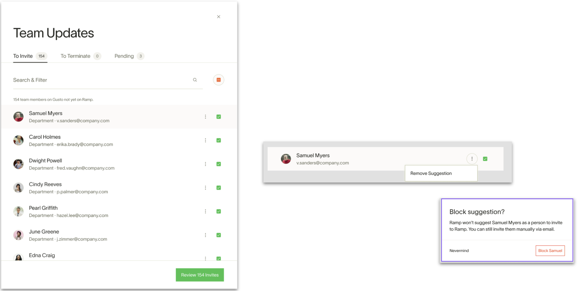 Team Updates panel showing employees to invite with Remove Suggestion option
