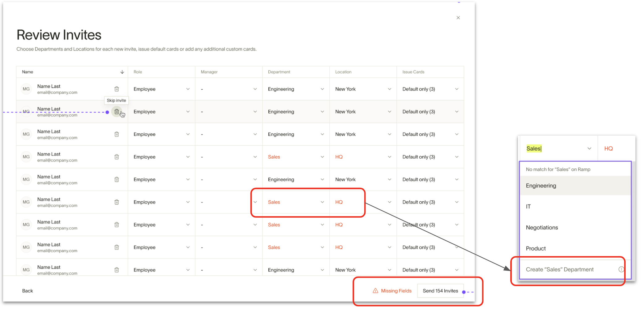Review Invites table with department and location fields, showing option to create missing values