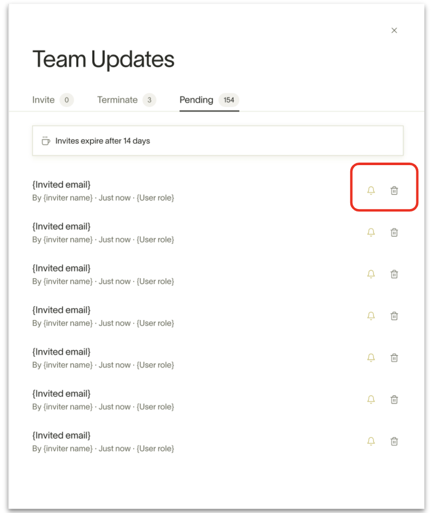 Pending invites tab with reminder and revoke action icons for each invite