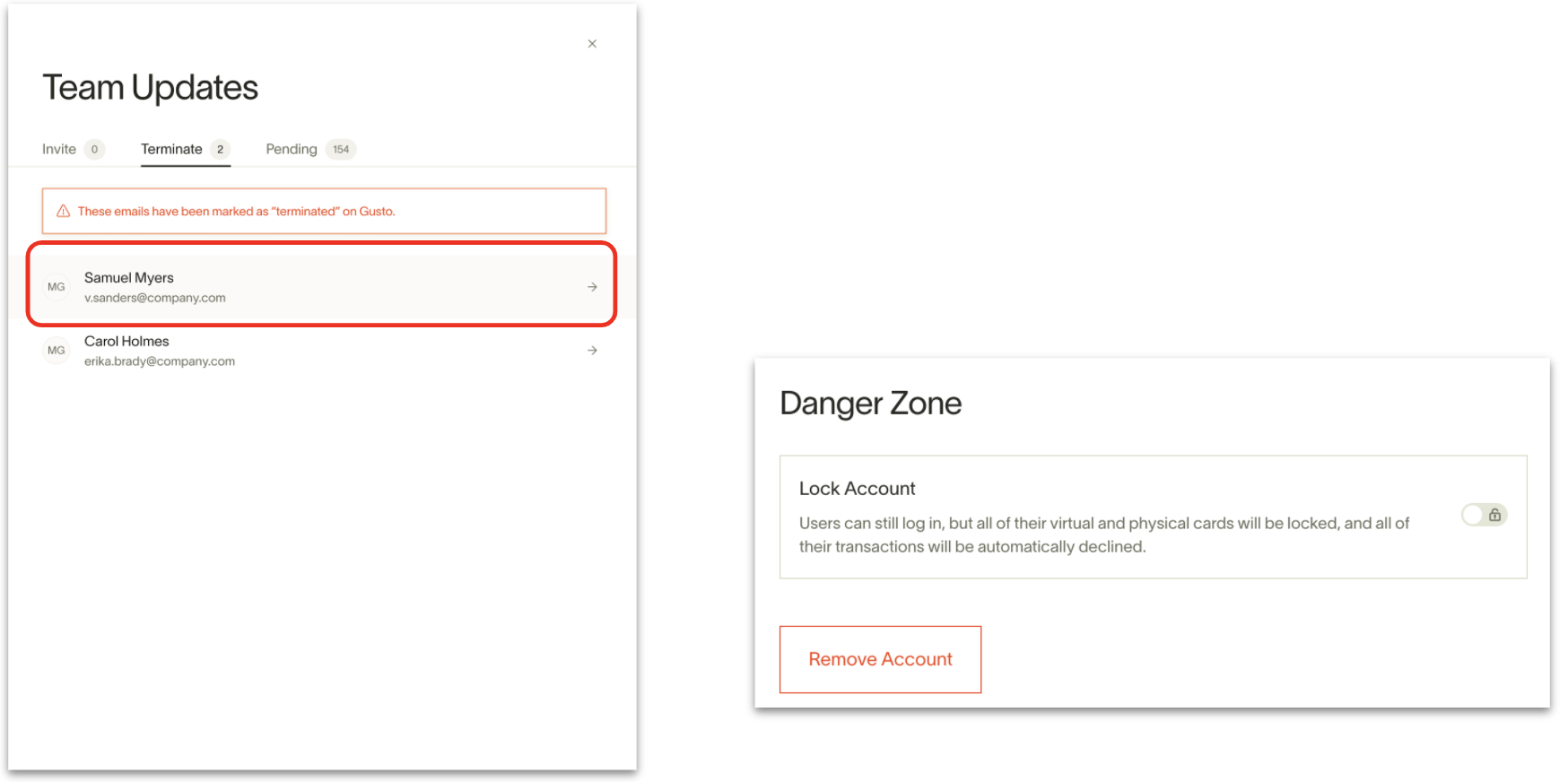 Terminate tab showing terminated employees with Lock Account and Remove Account options