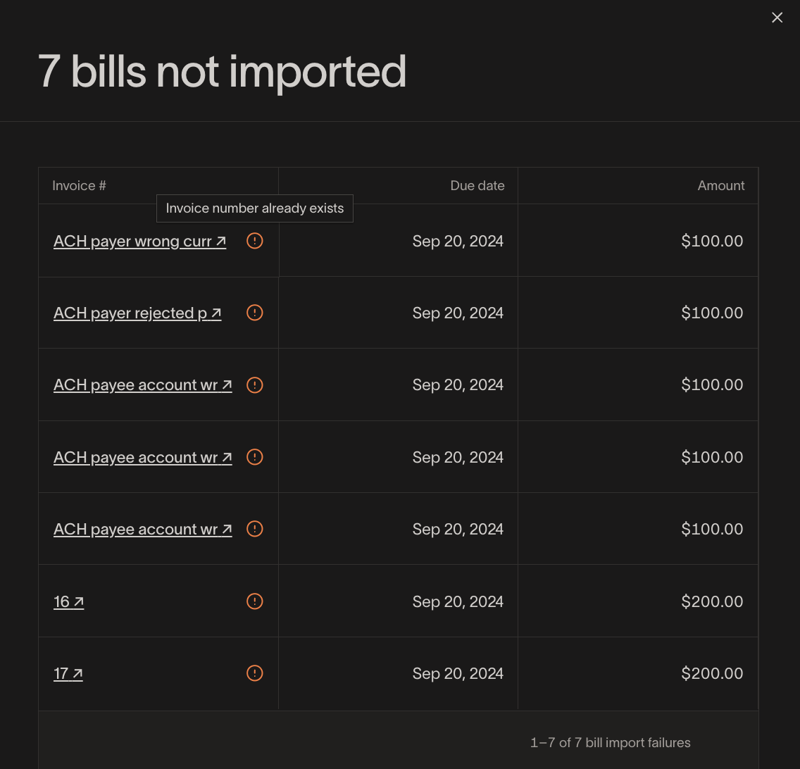 Bill import failures list showing invoice numbers, due dates, and error reasons