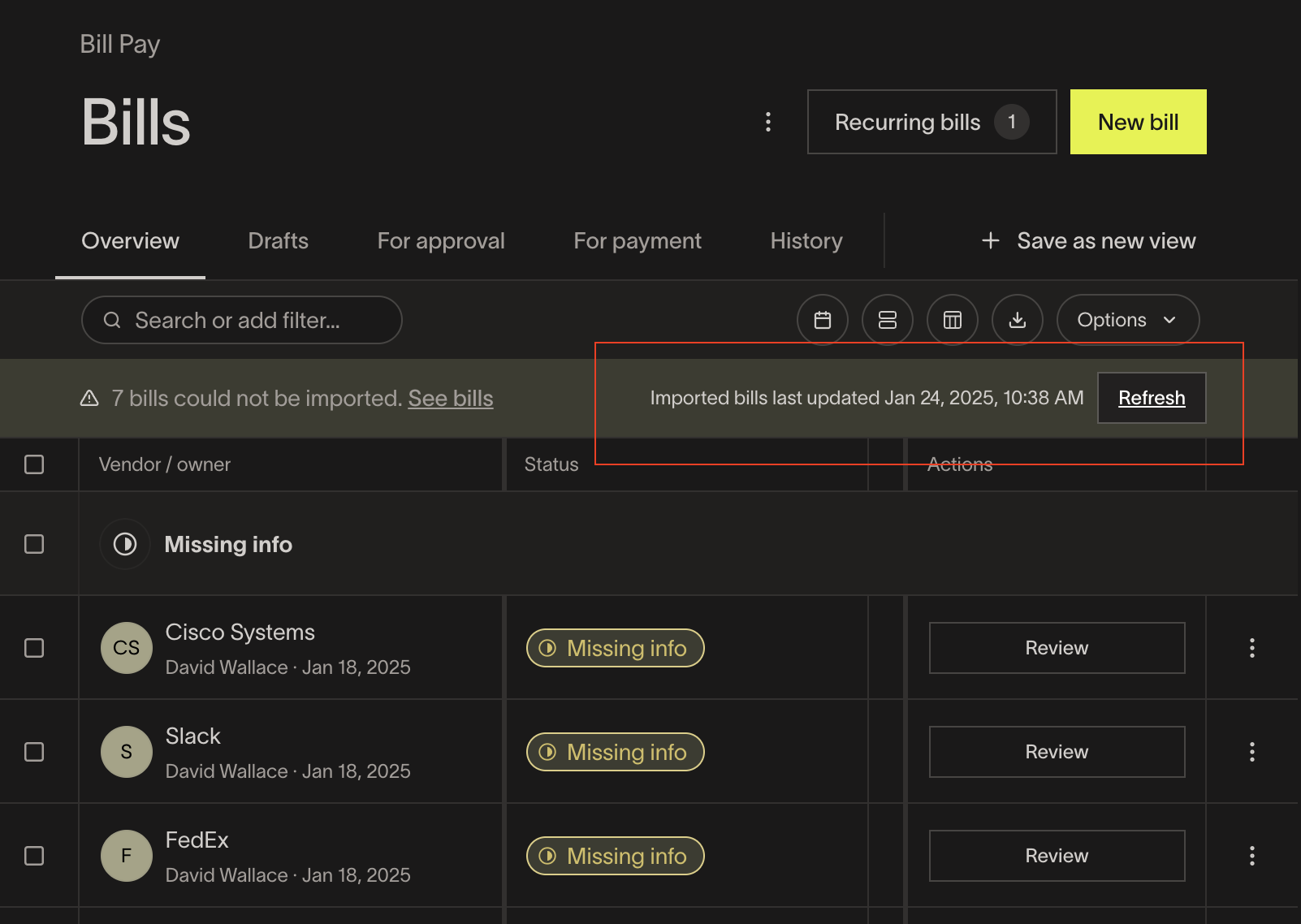 Bills table showing imported bills last updated banner with Refresh button highlighted