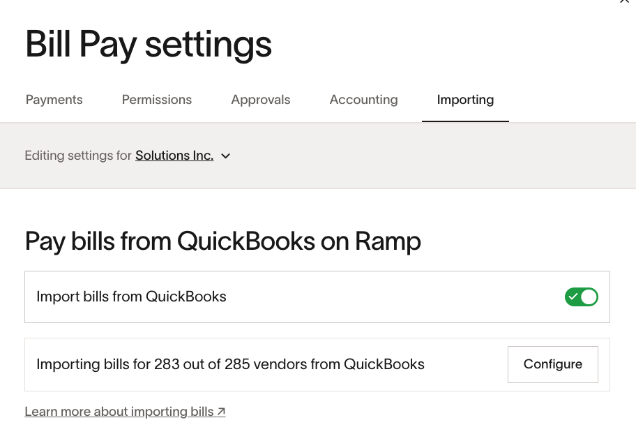 Bill Pay settings Importing tab with Import bills toggle enabled and vendor configuration options