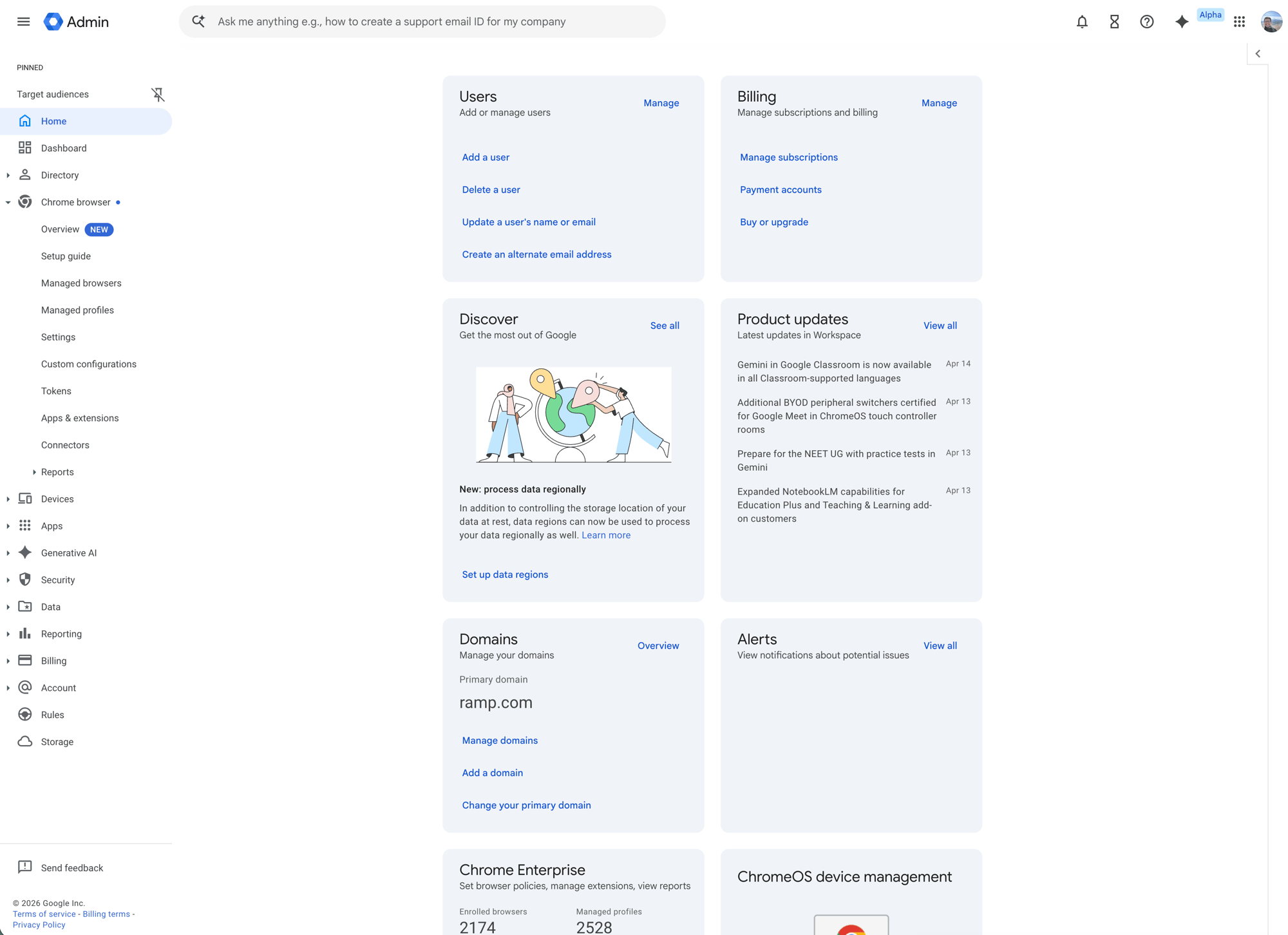 Google Admin console home page with Chrome browser in the left navigation