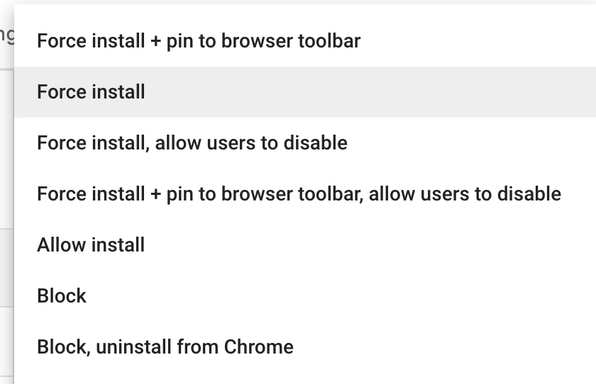 Installation policy options for Ramp for Chrome showing Force install and Force install plus pin to browser toolbar