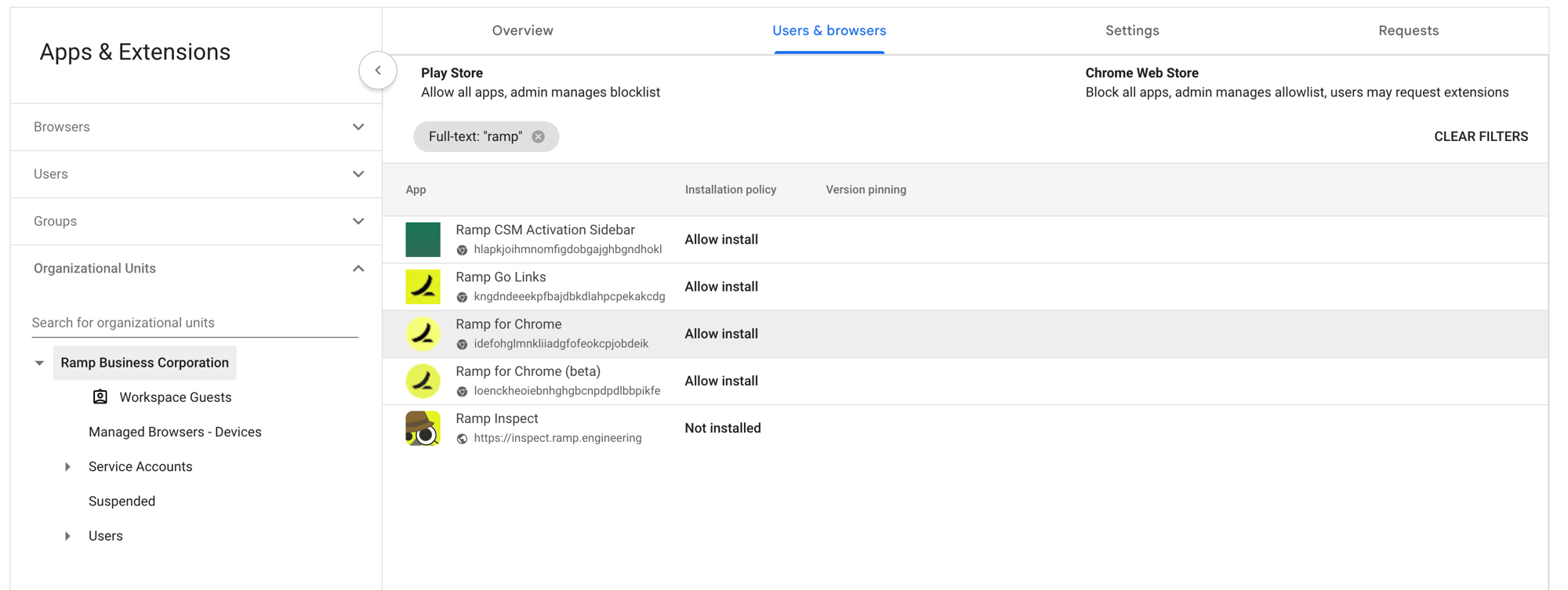 Apps and extensions list showing Ramp for Chrome selected for the chosen organizational unit