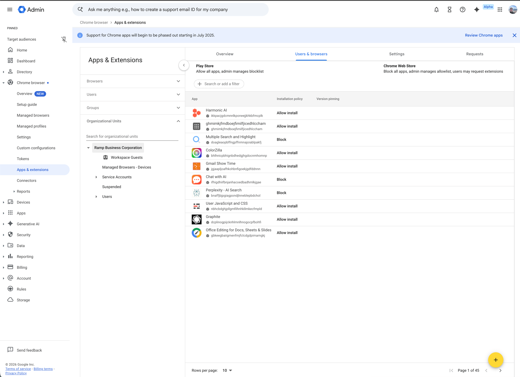 Google Admin console Apps and extensions page with the Users and browsers tab selected