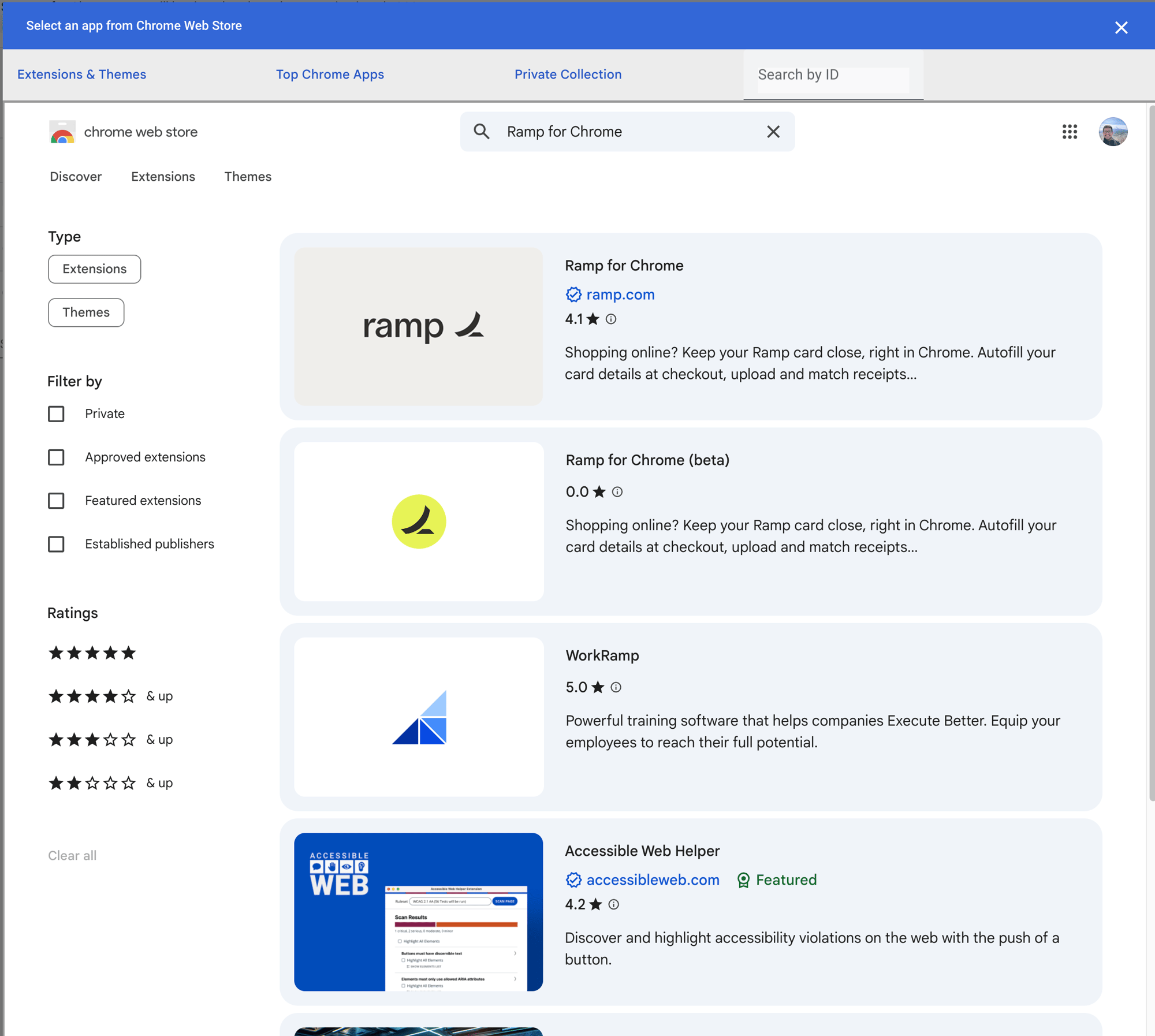 Chrome Web Store picker in Google Admin showing search results for Ramp for Chrome
