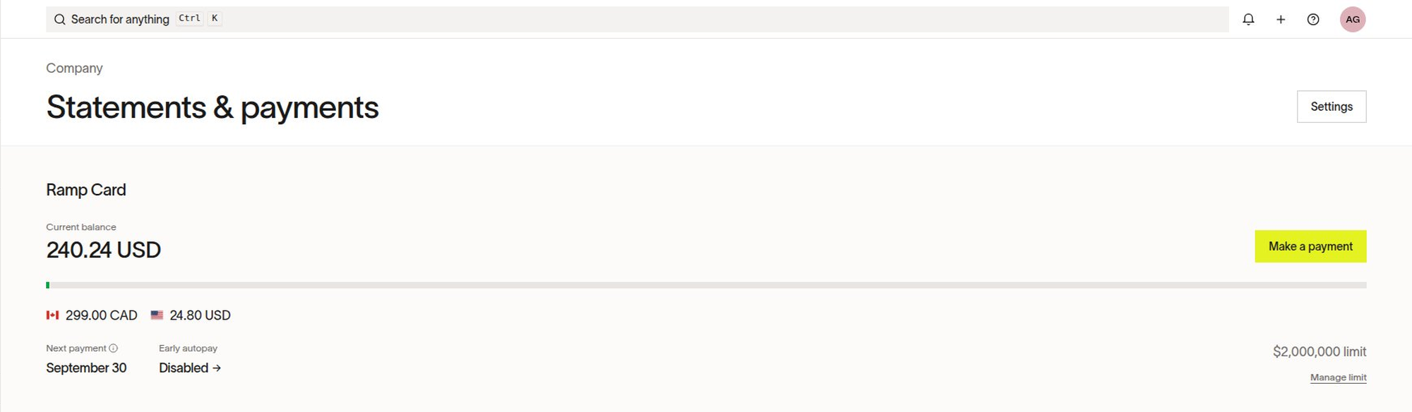 Statements and payments page showing card balances by issuing currency