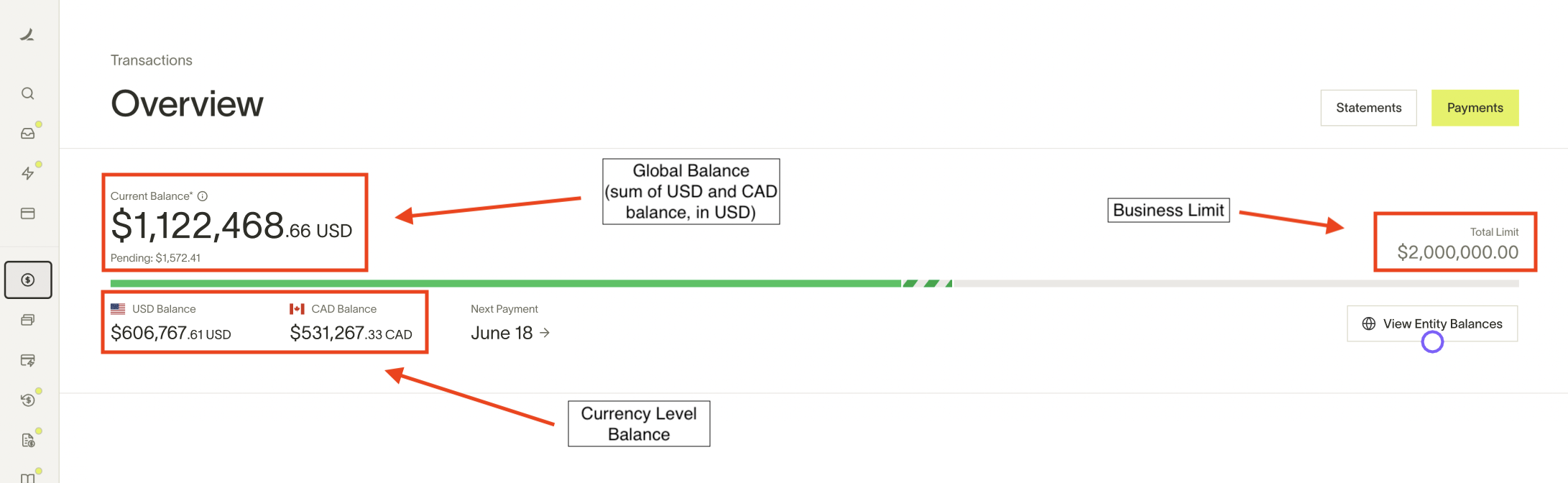 Statements and payments tab showing spend balances by issuing currency